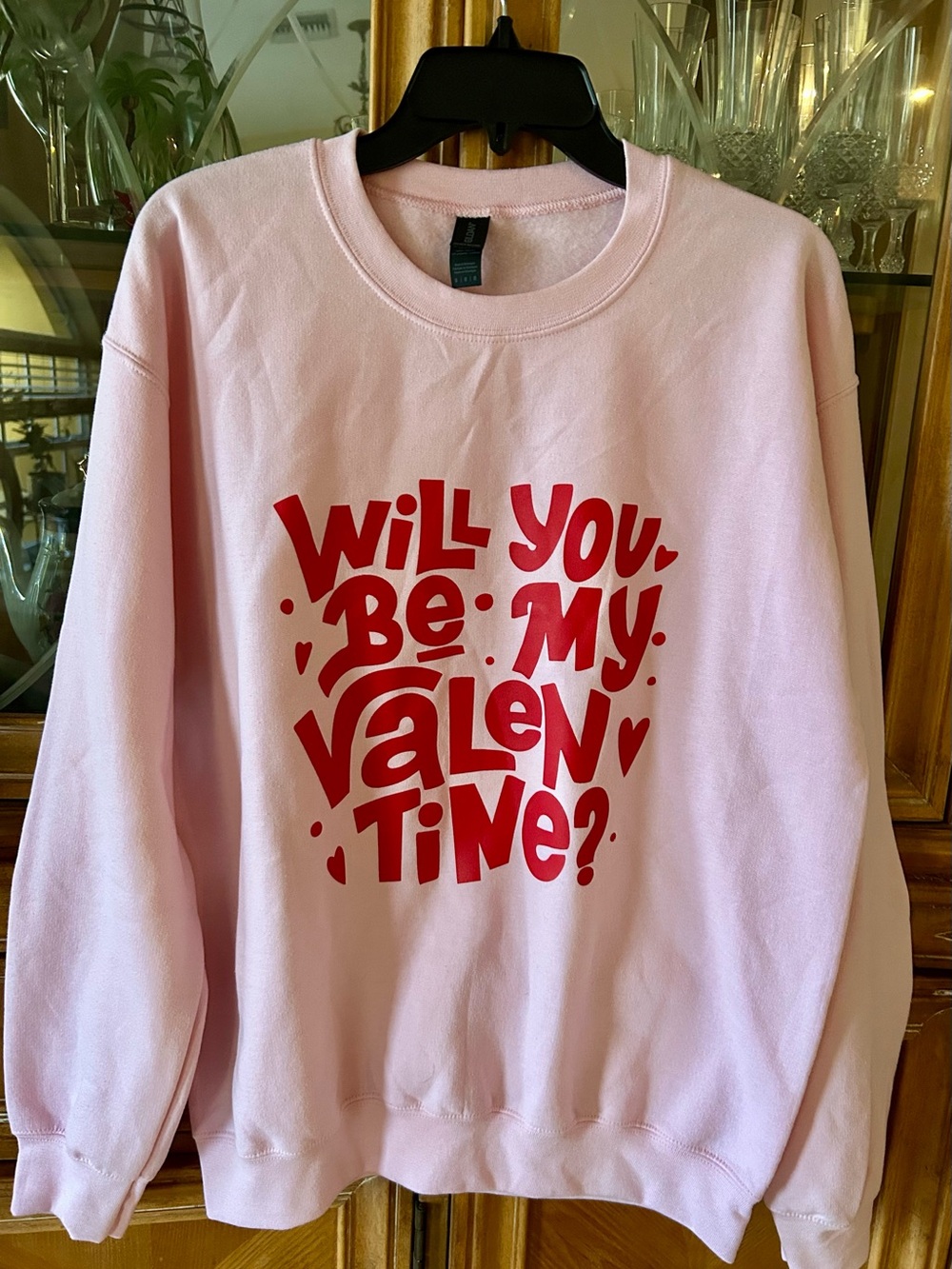 Gildan Pink Sweatshirt with Red "Will You Be My Valentine?" Graphic